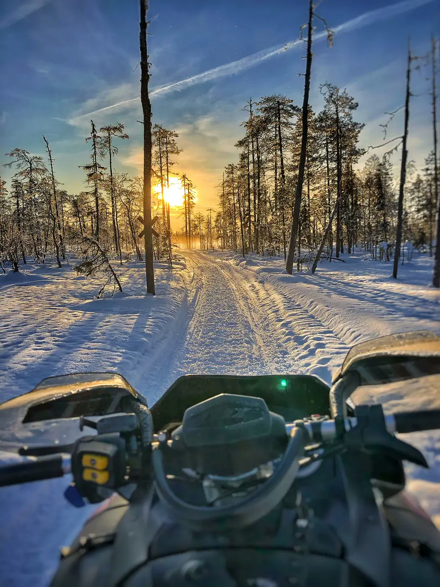 Trail view from the snowmobile handlebars